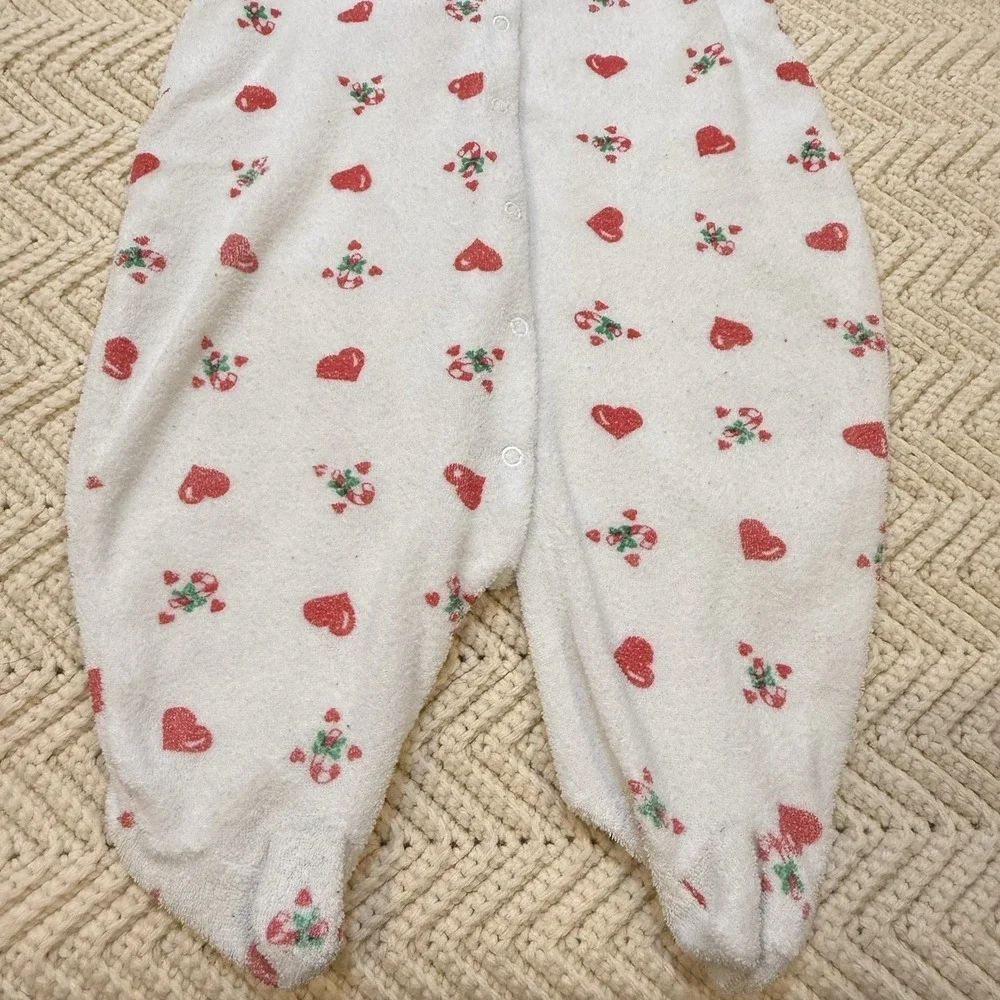 Hang in There Candy Cane Sleeper Size 6-9 Mo Hearts Terry Cloth XMas Bow VTG 90s